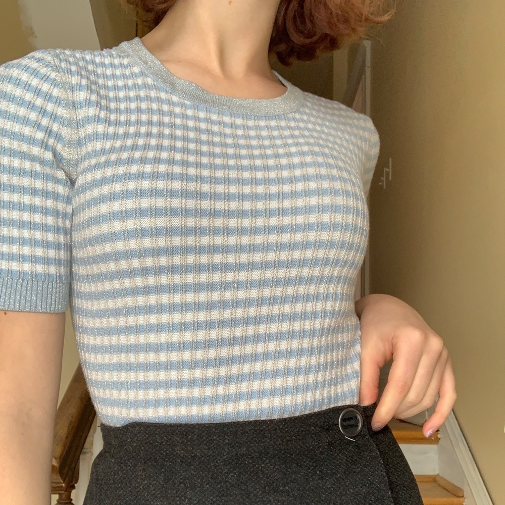 Light blue and silver sparkles short sleeve shirt